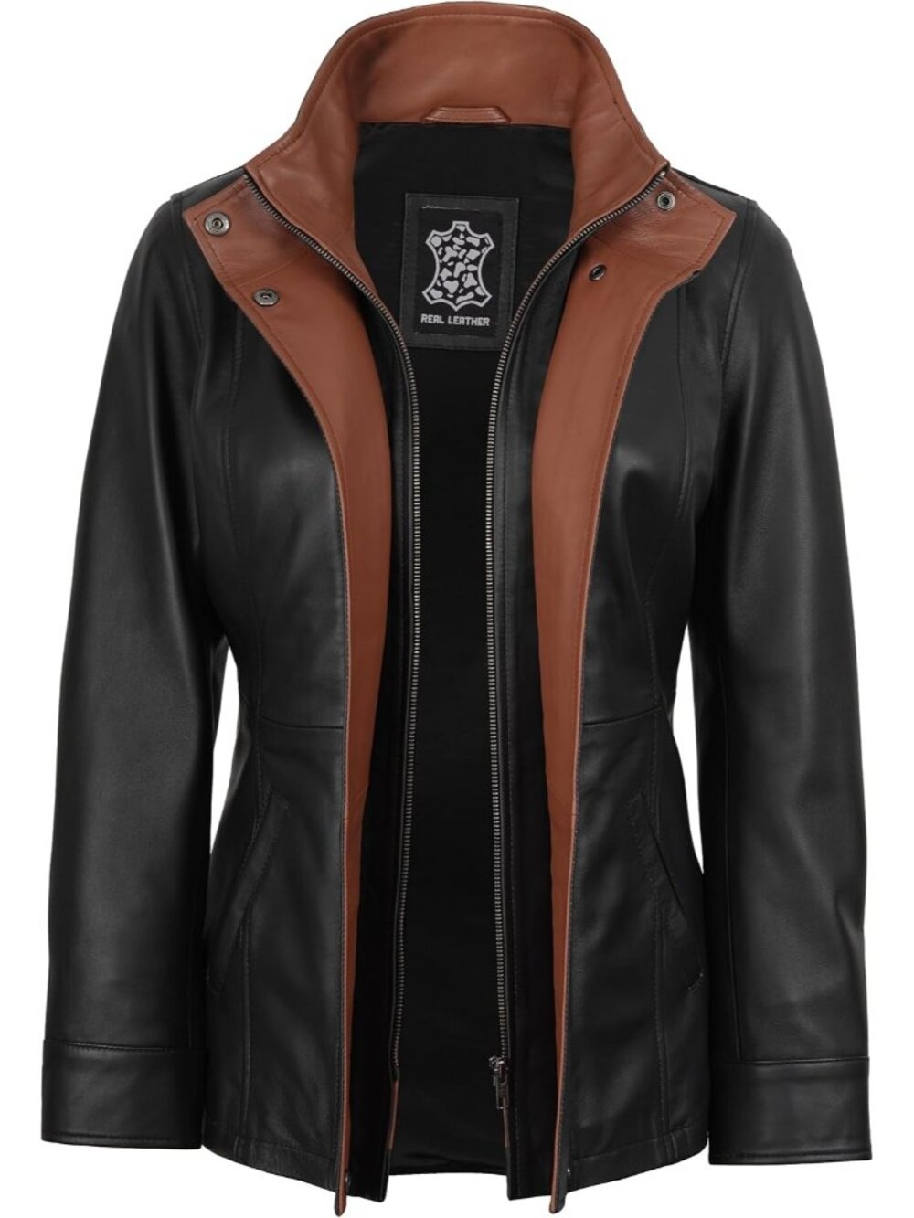 Women’s Black Cognac Leather Coat Dual Closure Long Jacket Stylish Outerwear